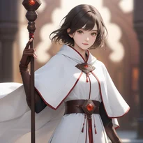 聖なる幾何学文様が施された厚手の白いローブを纏い、指抜きグローブと杖を装備した守護の癒し手。