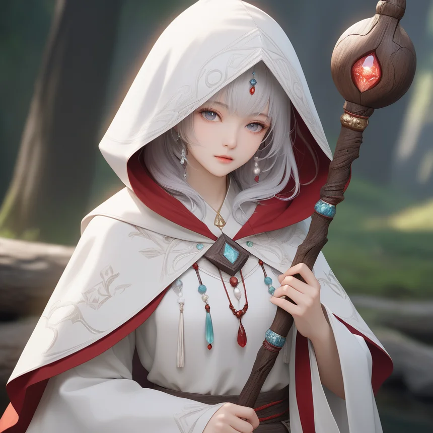 ハイファンタジーの癒し手を象徴する、赤い模様入りの白いフードとローブを纏った白魔導士の全身イラスト。