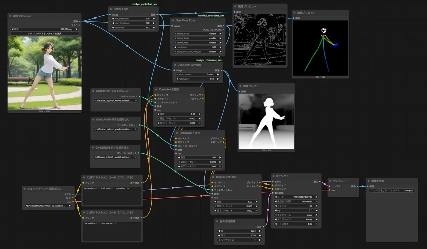 解析情報を増やしすぎて、ControlNet同士が競合してしまうワークフローのキャプチャ画像