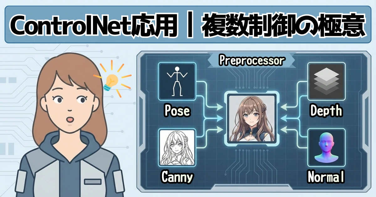 ComfyUIのControlNet複数制御の仕組みを図解した、Preprocessor比較と応用実践ガイドのアイキャッチ