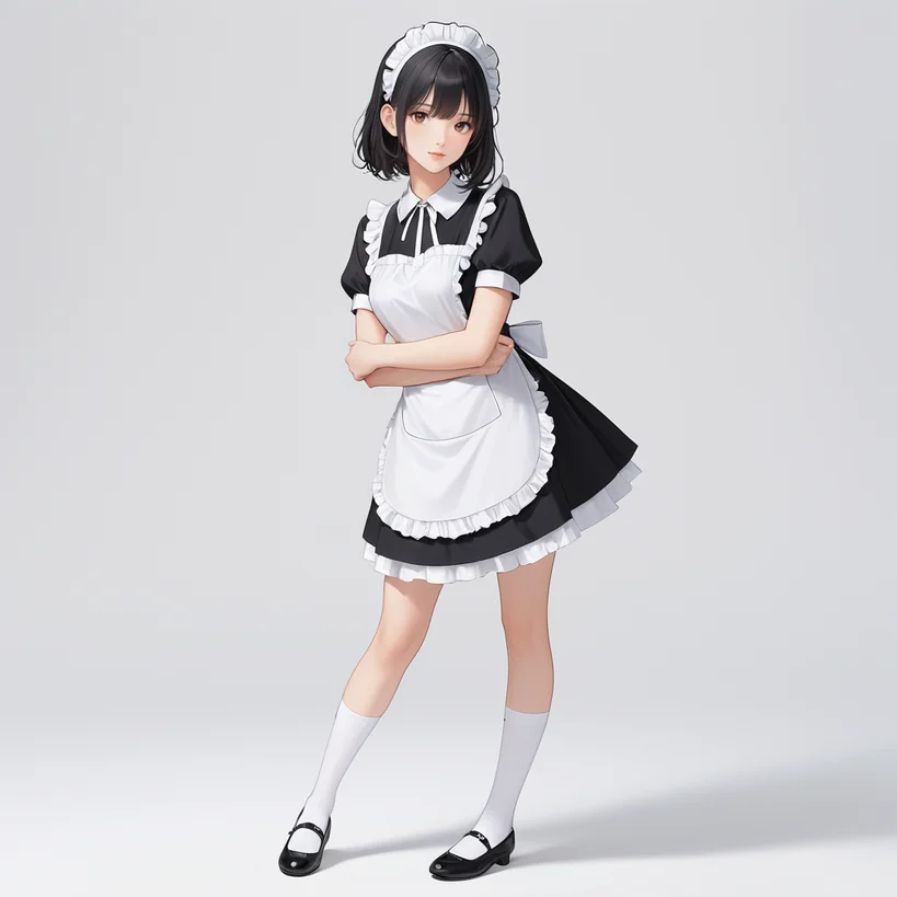 メイド服のキャラクターが前かがみの姿勢で立っているポーズ例