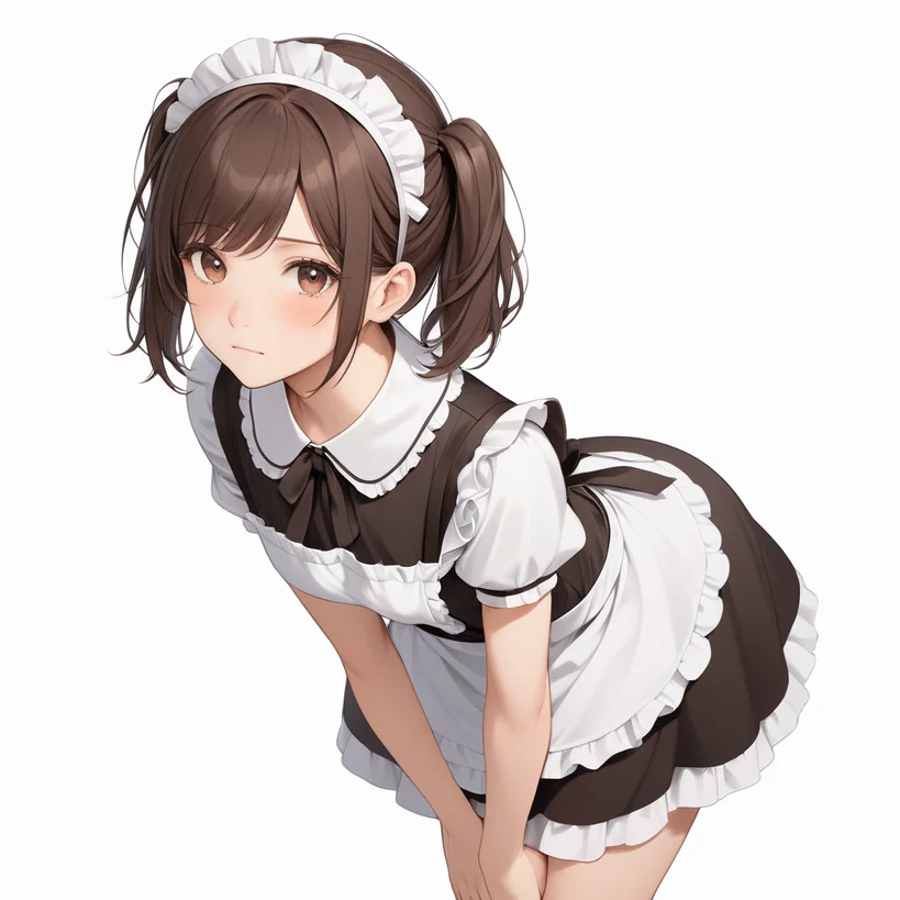 メイド服のキャラクターが前かがみの姿勢で立っているポーズ例