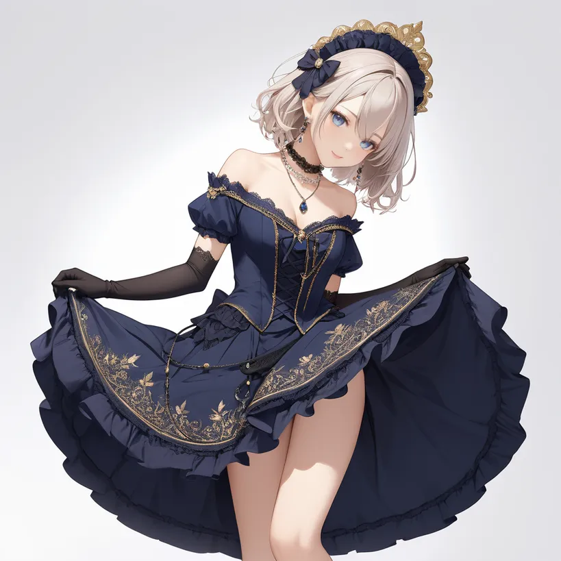 ゴスロリ衣装のキャラクターがスカートをつかんで立っているポーズ例