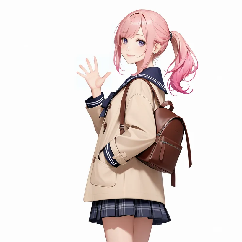 学生服のキャラクターが手を振りながら立っているポーズ例