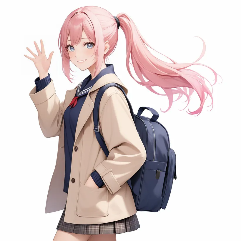 学生服のキャラクターが手を振りながら立っているポーズ例
