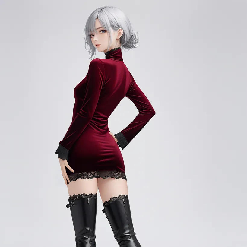 タイトドレスを着たキャラクターが腰に手を置いて立っているポーズ例