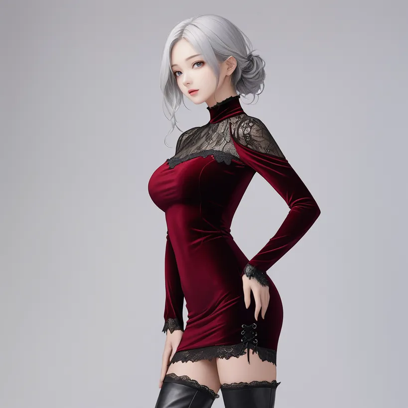 タイトドレスを着たキャラクターが腰に手を置いて立っているポーズ例