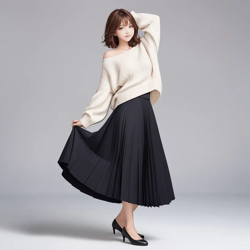 ロングスカートのキャラクターがスカートをつまんで立っているポーズ例