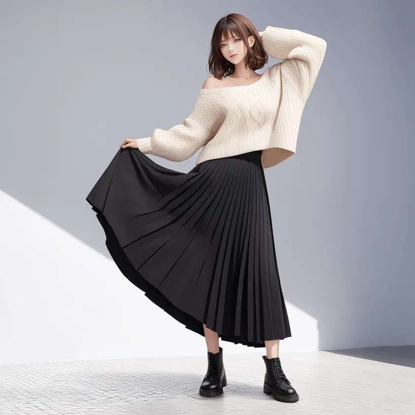 ロングスカートのキャラクターがスカートをつまんで立っているポーズ例