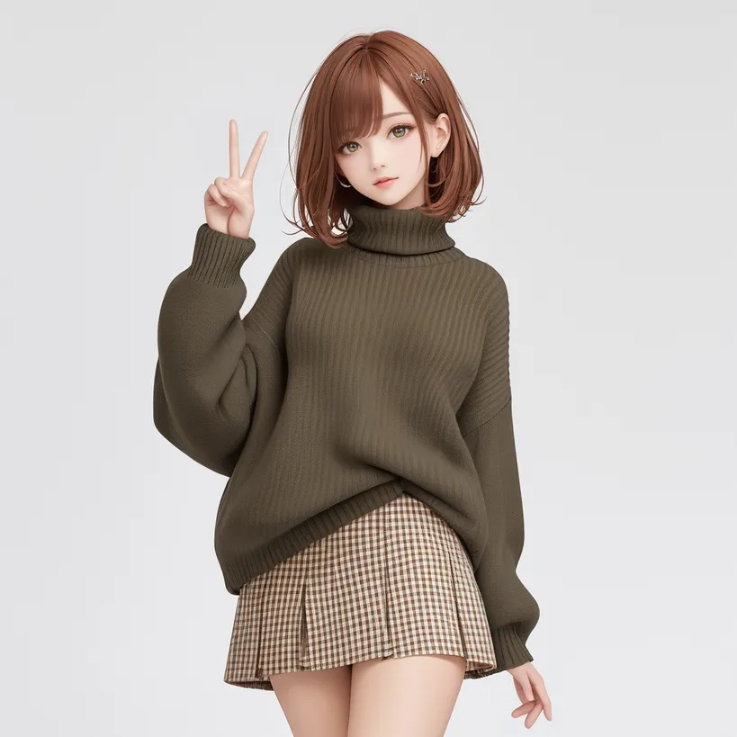 ニット服のキャラクターがピースサインをしながら立っているポーズ例