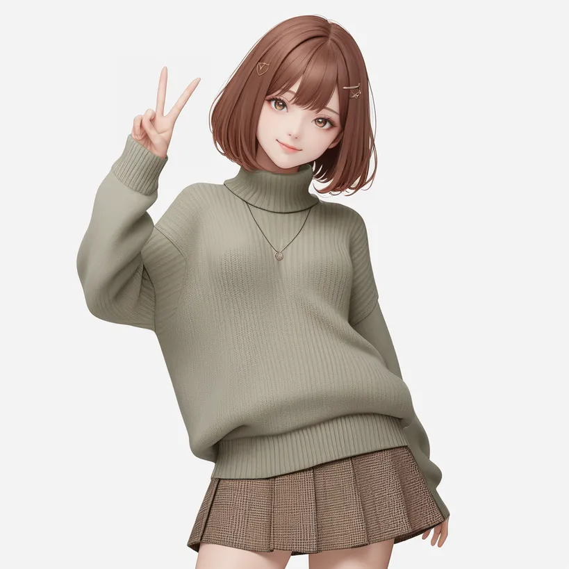 ニット服のキャラクターがピースサインをしながら立っているポーズ例